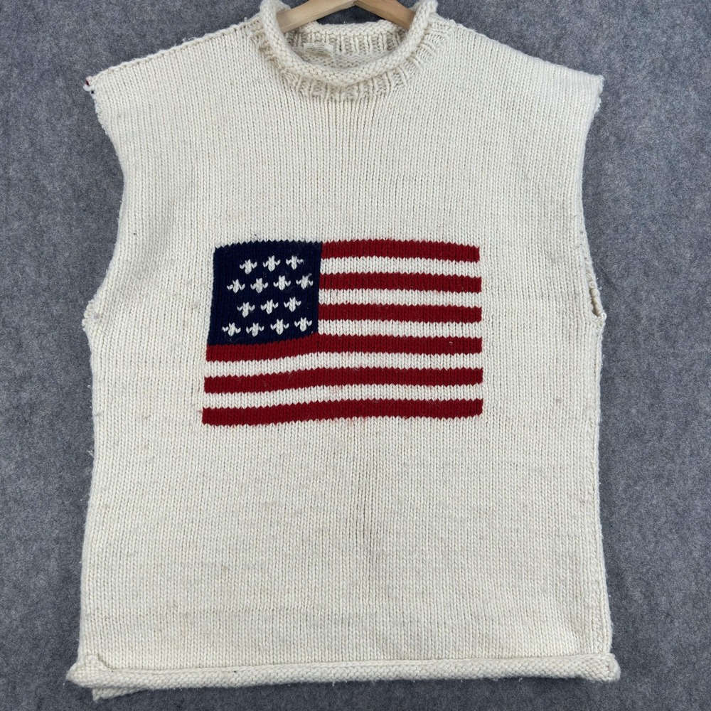 American Flag Roll Neck Sweater Vest Mens XL White 100% Wool Knit Patriotic